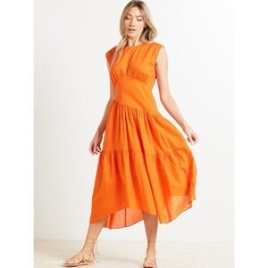 FRAME Gathered Seam Midi Dress In Orange Crush size XS